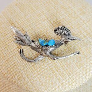 Vtg Silver Tone Road Runner Bird Faux Turquoise Pin Brooch Western Southwest